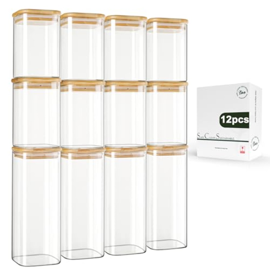 Food Storage With Glass Lids - ชุดโหลแก้วทรงสี่เหลี่ยมพร้อมฝาไม้ไผ่ 12 ชิ้น ขนาด 0.6Qt/1.06Qt -