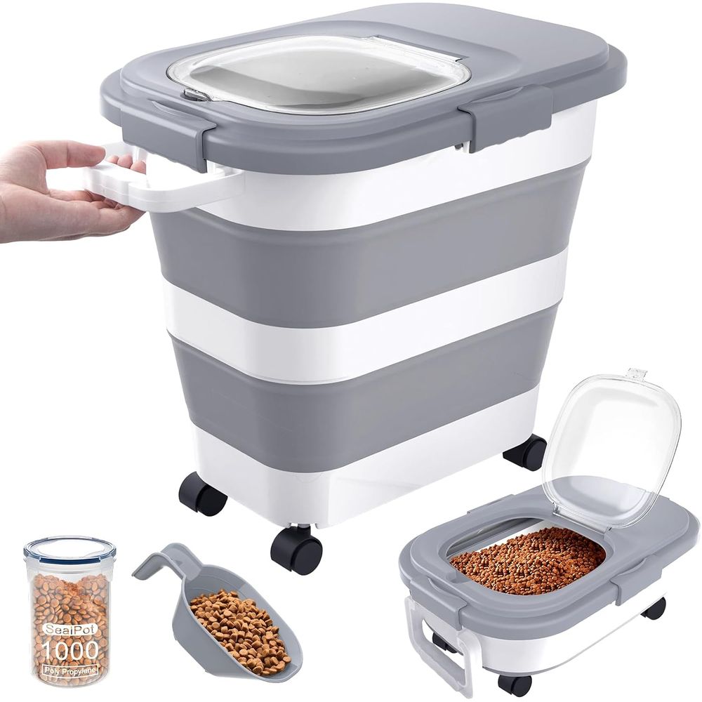 Food Storage Dog - ภาชนะเก็บอาหารสุนัขแบบปิดสนิท, ภาชนะเก็บอาหารสัตว์เลี้ยงขนาดใหญ่แบบพับได้พร้อมฝาปิด, ล้อ, ที่จับ, ที่ตัก, ภาชนะเก็บอาหารแมวขนาดเล็ก