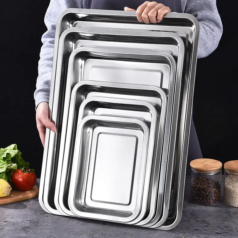 Food Storage In Restaurant - สแตนเลสบาร์บีคิวชาเก็บถาดเสิร์ฟสี่เหลี่ยมผืนผ้าข้าวนึ่งไส้กรอกแผ่นย่างเนื้อร้านอาหารเครื่องครัวโลหะ