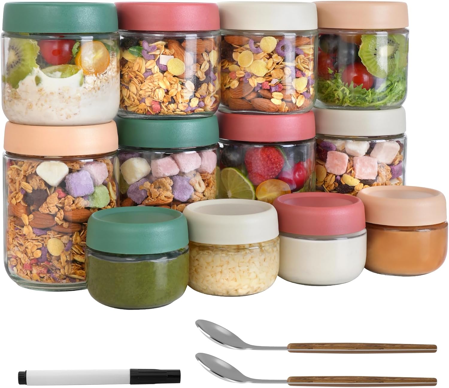 Food Storage Yogurt - ชุด 12 ชิ้น ขวดแก้วสำหรับโอเวอร์ไนท์โอ๊ตพร้อมฝาปิด, ขนาด 16