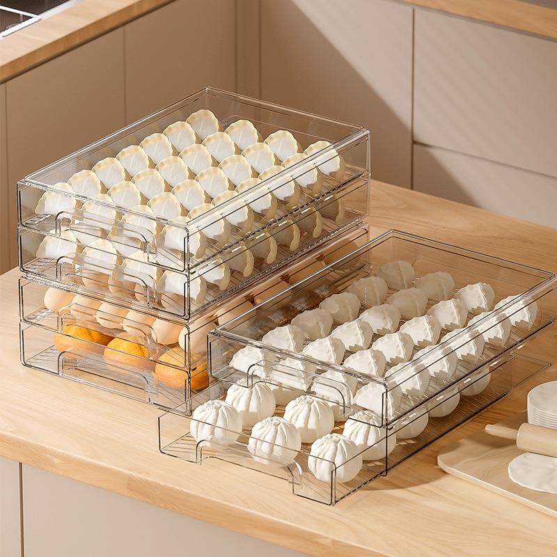 Food Storage Drawing - กล่องเก็บของในตู้เย็นแบบดึงออกได้สองชั้น สำหรับเก็บเกี๊ยว กล่องพลาสติกจัดระเบียบอาหารหลายชั้น