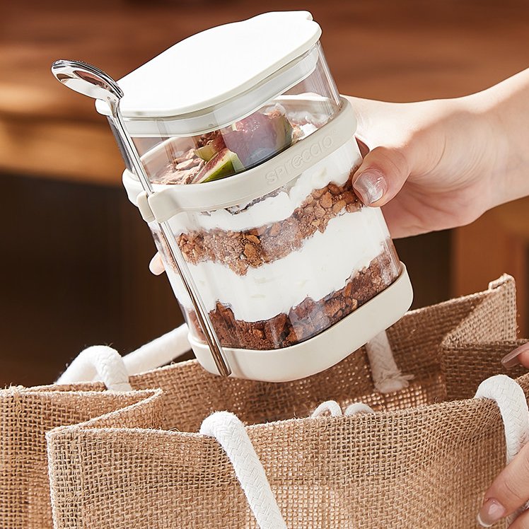 Food Storage Yogurt - ถ้วยแก้วสำหรับโอ๊ตมีลแบบแช่ข้ามคืนพร้อมช้อน ภาชนะใส่โยเกิร์ตสำหรับอาหารเช้าป้องกันการรั่วซึม โถเก็บอาหารสุญญากาศสำหรับโอ๊ตมีลและเครื่องเทศ