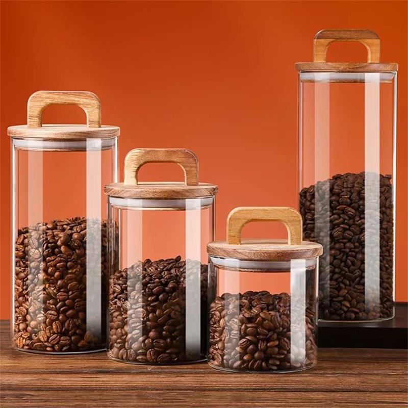 Food Storage With Glass Lids - ขวดแก้วใสพร้อมฝาปิดไม้ไผ่กระป๋องปิดผนึกภาชนะเก็บอาหารสําหรับชาหลวมกาแฟถั่วน้ําตาลเกลือ Gadgets ครัว