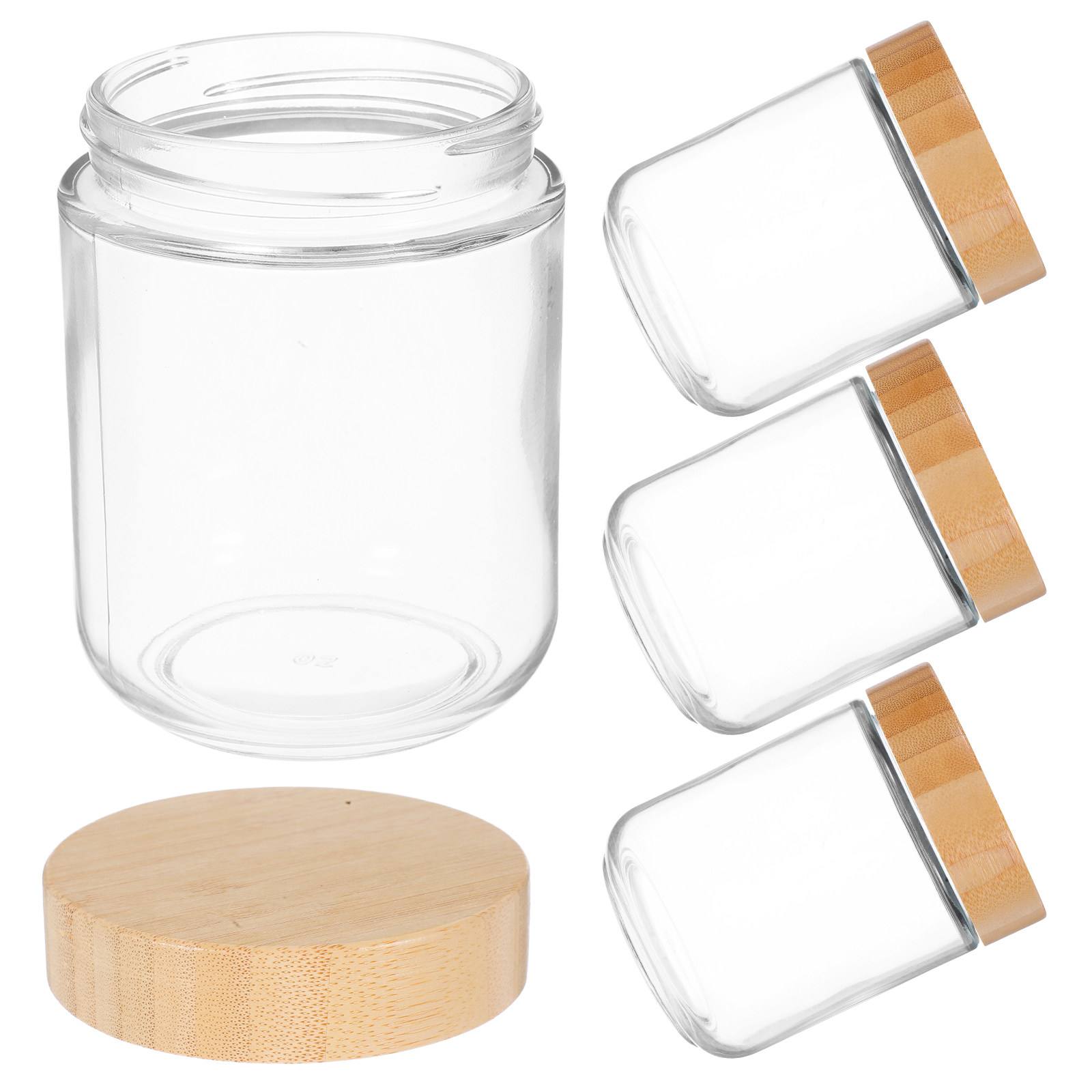Food Storage With Glass Lids - โหลแก้วใส 4 ชิ้น พร้อมฝาไม้ไผ่ ปิดผนึกแน่นสนิทสำหรับเก็บอาหาร จัดระเบียบและตกแต่งห้องครัว