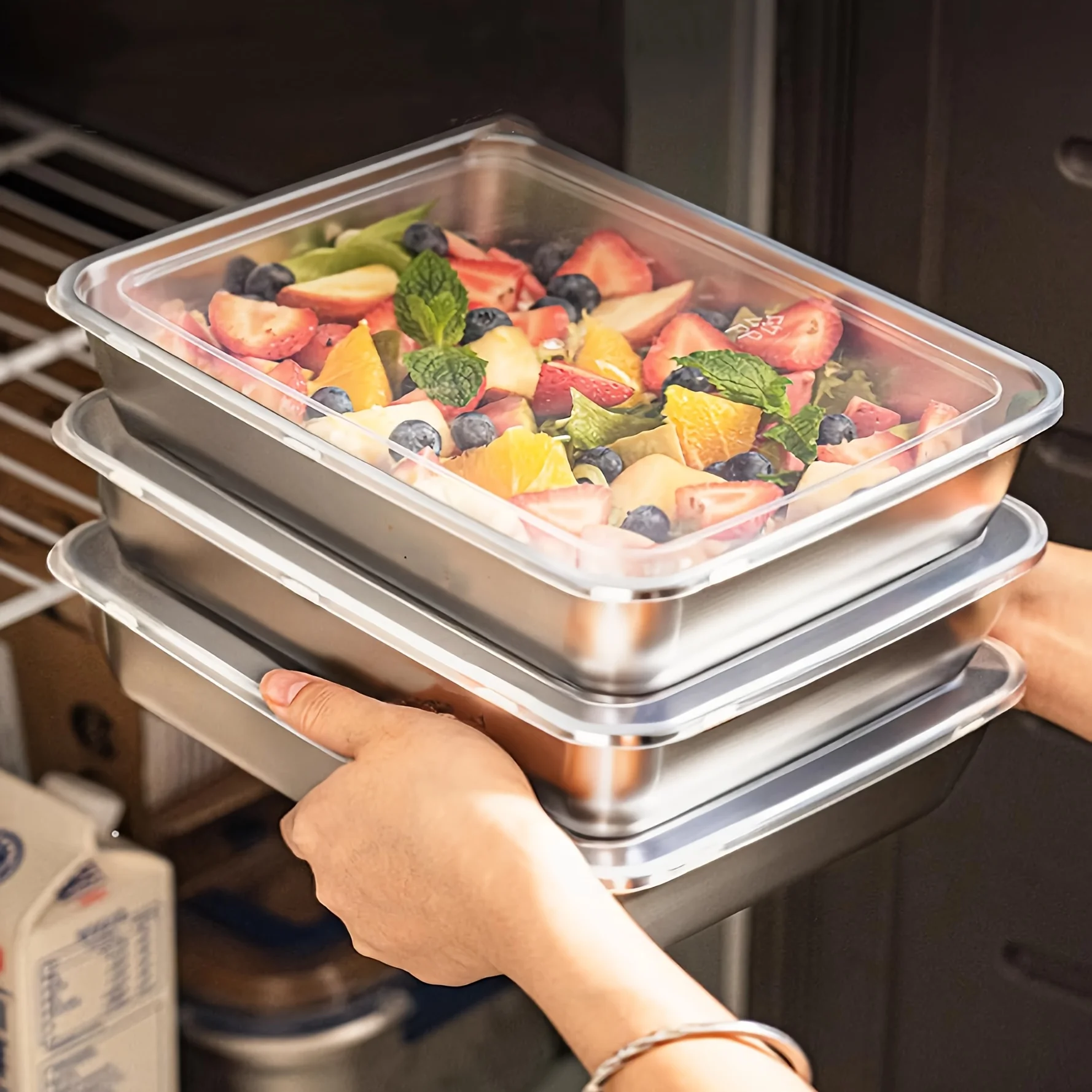 Food Storage Camping - กล่องใส่อาหารสแตนเลส 3 ชิ้น & กล่องอาหารกลางวัน ฝาปิดใสกันรั่วซึม