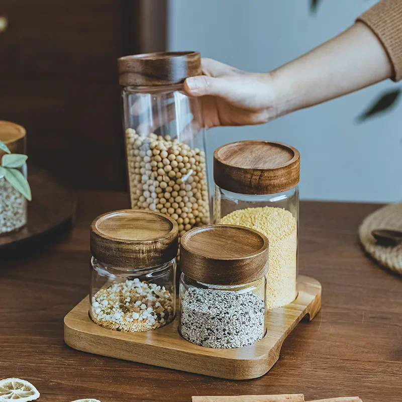 Food Storage With Glass Lids - กล่องเก็บอาหารแบบฝาปิดทำจากแก้วแบบสุญญากาศขวดโหลที่เก็บเครื่องครัวกล่องไม้เก็บอาหารที่ปิดสนิทพร้อมชุดฐาน