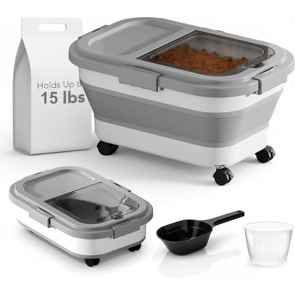 Food Storage Dog - ภาชนะเก็บอาหารสุนัข/แมวขนาด 15 ปอนด์, ภาชนะเก็บอาหารแบบพับได้พร้อมล้อเลื่อนและฝาปิดล็อคแน่นสนิท, ภาชนะเก็บอาหารสัตว์เลี้ยง