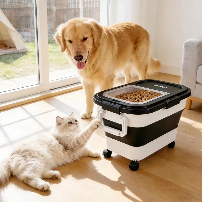 Food Storage Dog - กล่องเก็บอาหารสุนัขขนาด 20-25 ปอนด์ กล่องเก็บอาหารสัตว์เลี้ยงแบบสุญญากาศพร้อมฝาล็อค กล่องเก็บอาหารแบบพับได้พร้อมล้อเลื่อน