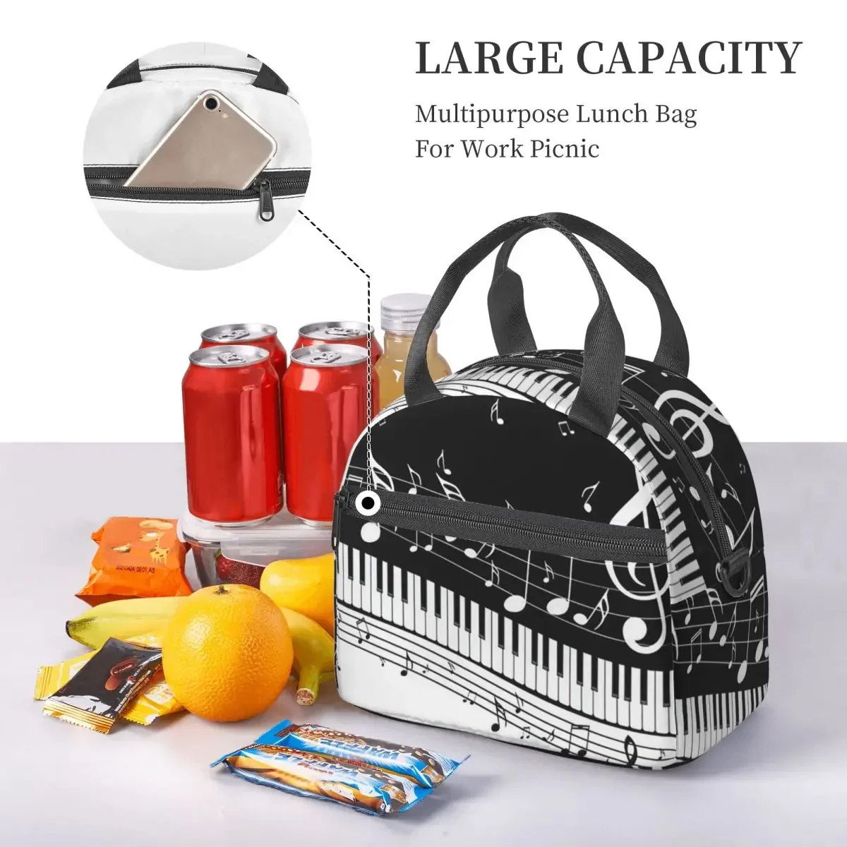 Food Storage Notes - กระเป๋าใส่อาหารกลางวันแบบมีฉนวนลายคีย์เปียโนพร้อมโน้ตดนตรีสำหรับผู้หญิง กล่องเก็บเบนโตะ กล่องใส่อาหาร กล่องเก็บความเย็นแบบกันรั่ว กล่องอาหารกลางวันแบบเก็บความร้อน